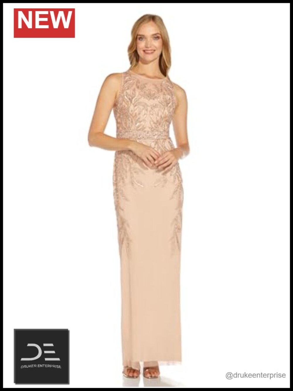 Beaded Column Long Dress Sleeveless Illusion Neckline Evening Gown